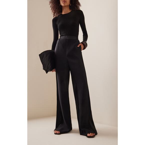 Bevza High-Rise Pleated Satin Wide-Leg Pants Black - S - Picture 1 of 5